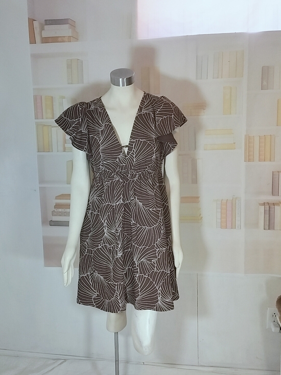 a new day Dresses & Skirts - a new day Brown & White Floral V-Neck Tie-Waist Mini Dress